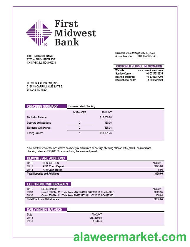 First Midwest Bank company account statement Word and PDF template